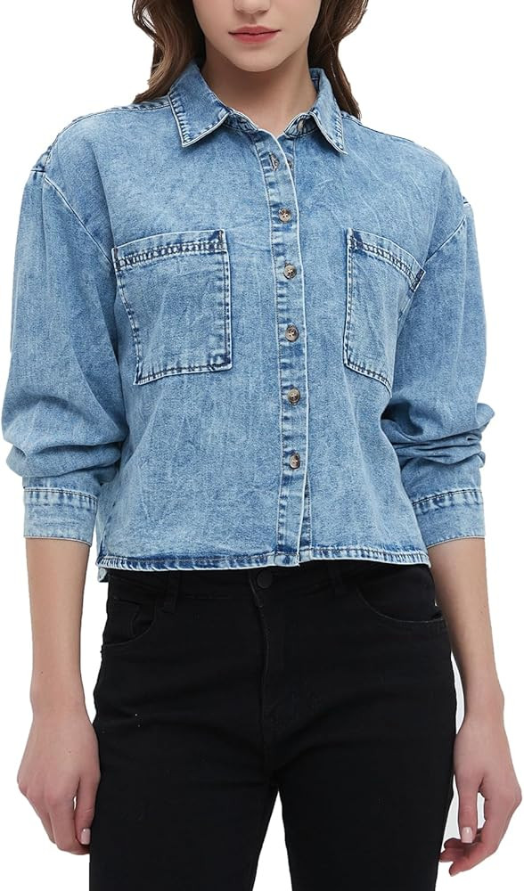 Women's Cropped Denim Shirt Long Sleeve Button Down Jean Blouse with Pockets, Comfort Fit Casual ... | Amazon (US)