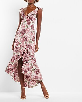 Satin Floral Print Ruffle Hi-lo Maxi Dress | Express