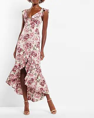 Satin Floral Print Ruffle Hi-Lo Maxi Dress | Express