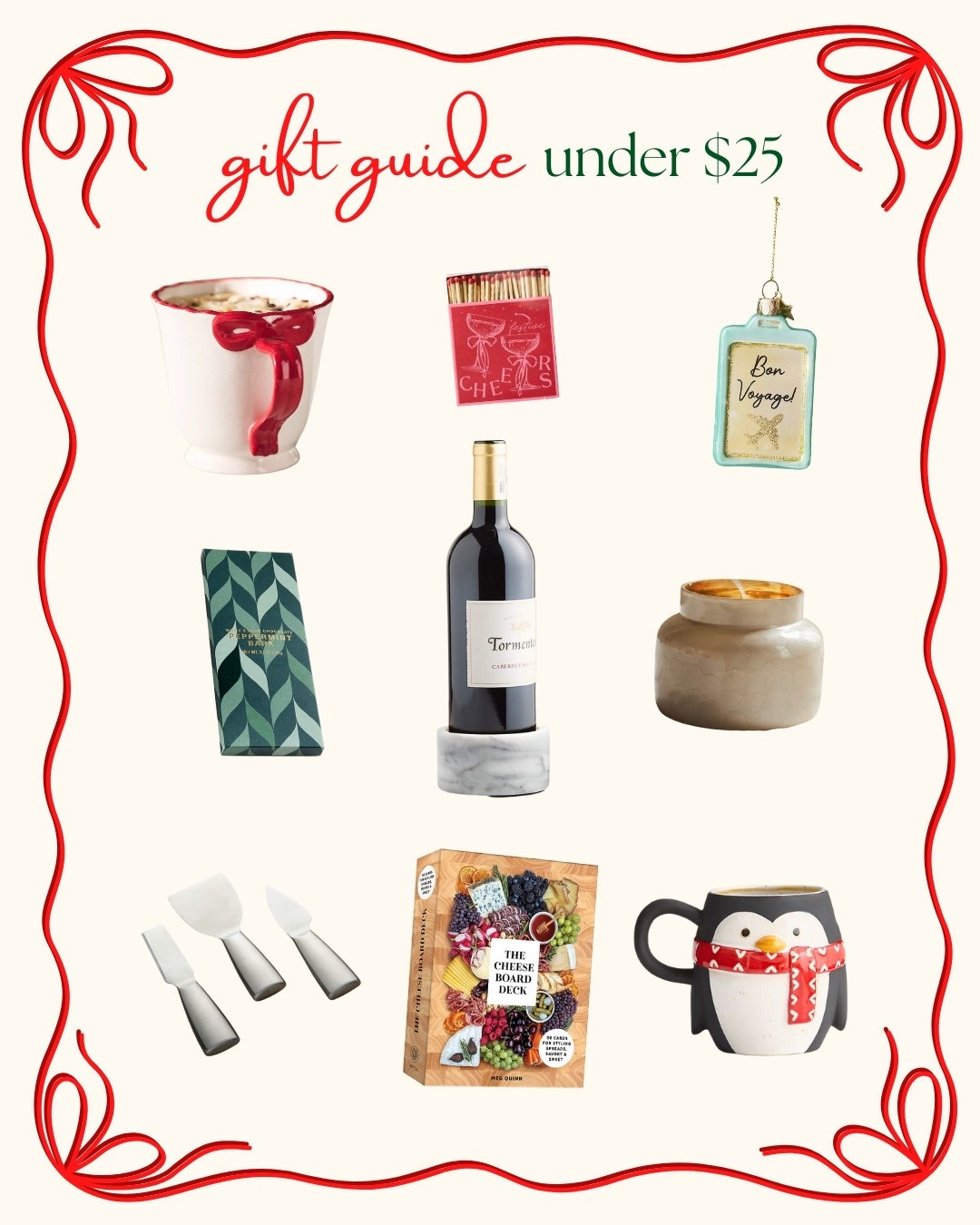 Gifts under $25! When you need to pick up a gift for a coworker, a hostess gift or anything else on a budget, these are my top suggestions. I love gifting ornaments and mugs this time of year. Candles are always a good idea. And then some fun kitchen related gifts include the cheese board deck and the wine bottle cooler. 

#LTKFindsUnder50 #LTKGiftGuide #LTKHoliday