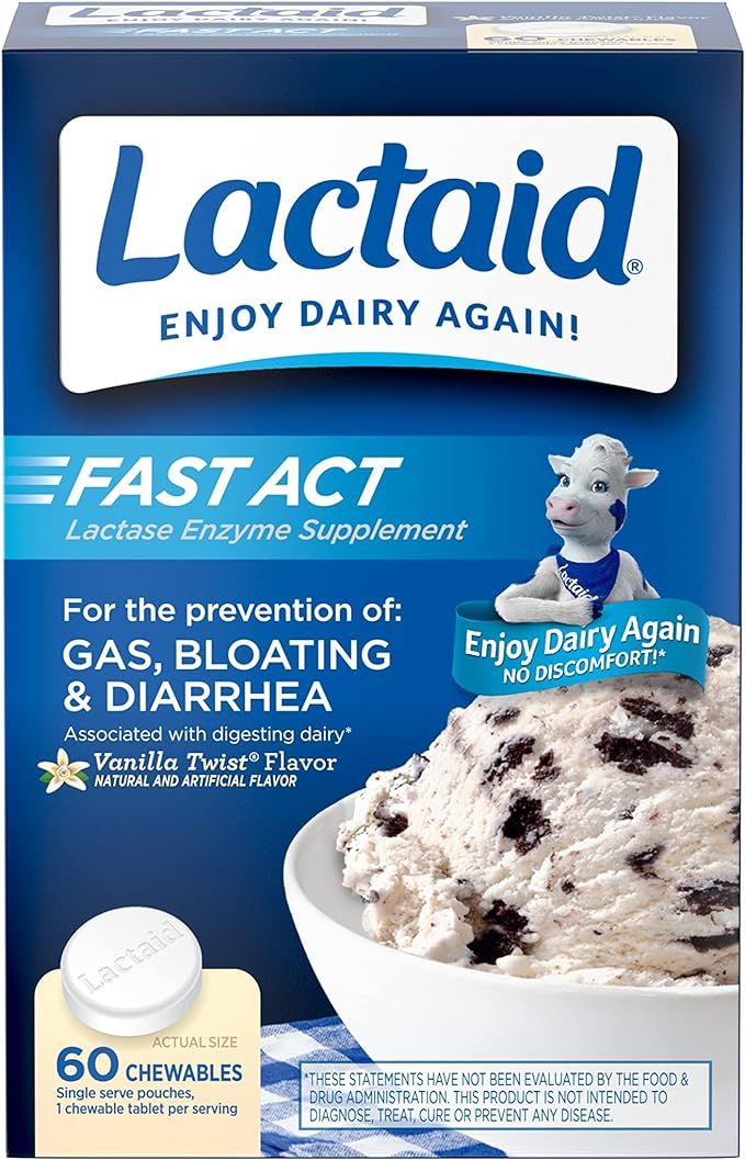 Lactaid Fast Act Lactose Intolerance Chewables with Lactase Enzymes, Vanilla, 60 Count (Pack of 1... | Amazon (US)