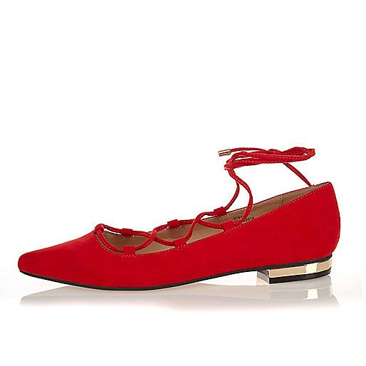 Red ghillie lace up pointed flats | River Island (US)