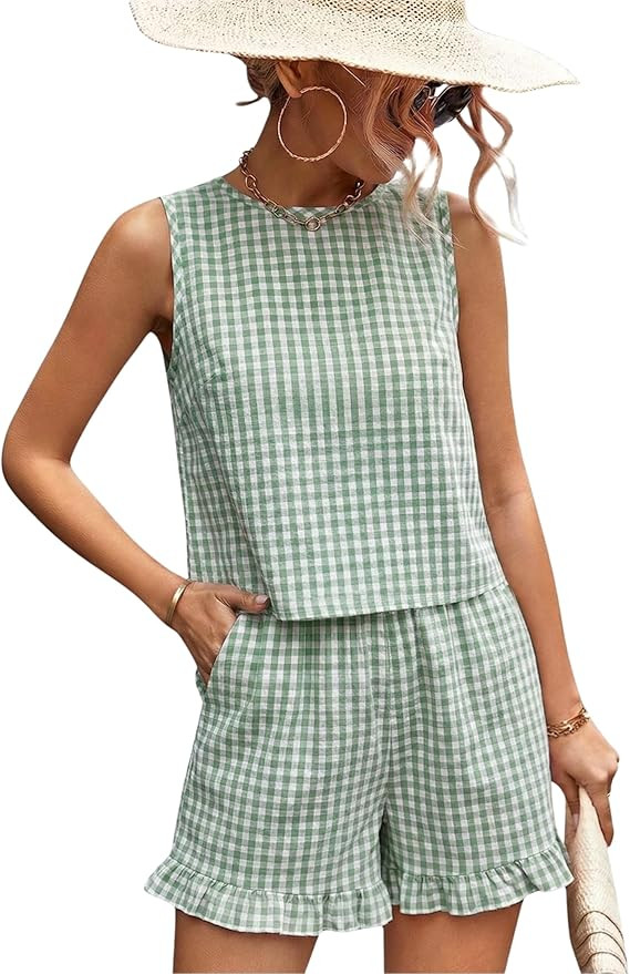 Amazon.com: Hooever Women's Gingham Check 2 Piece Set Sleeveless Tank Top and Ruffle Hem Shorts C... | Amazon (US)