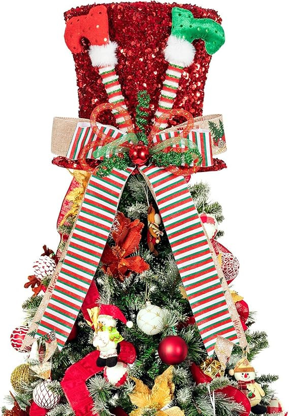 HMASYO Christmas Tree Topper Hat - Large Red Sequins Velvet Bowler Derby Hat with Elf Legs Bowkno... | Amazon (US)