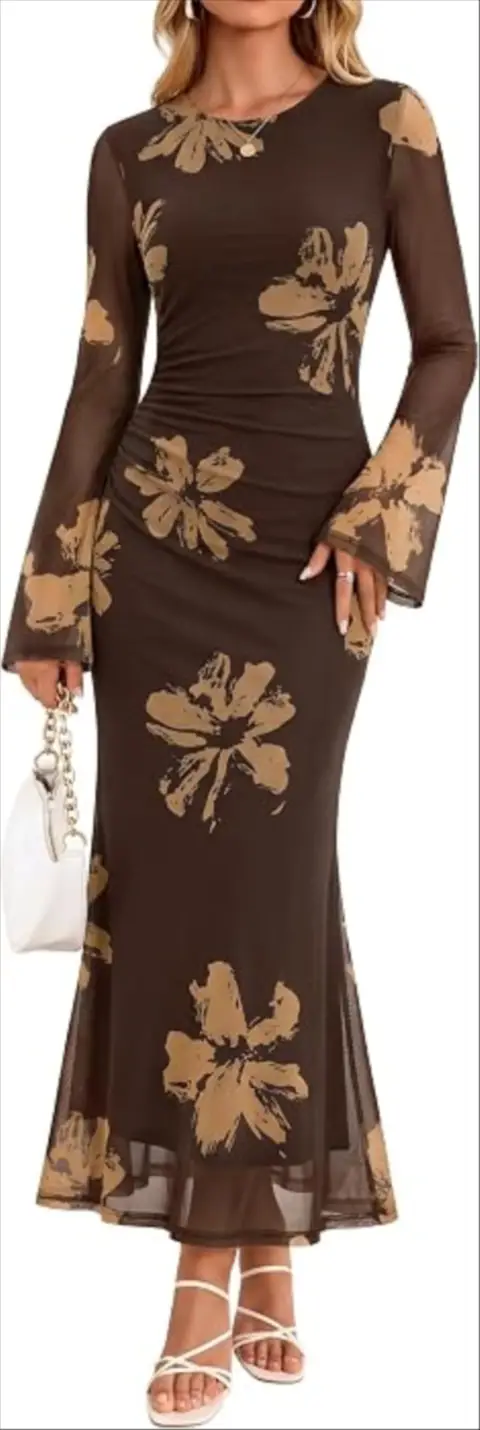 ZESICA Womens Long Sleeve Floral Fall Bodycon Ruched Mesh Maxi Formal Dress