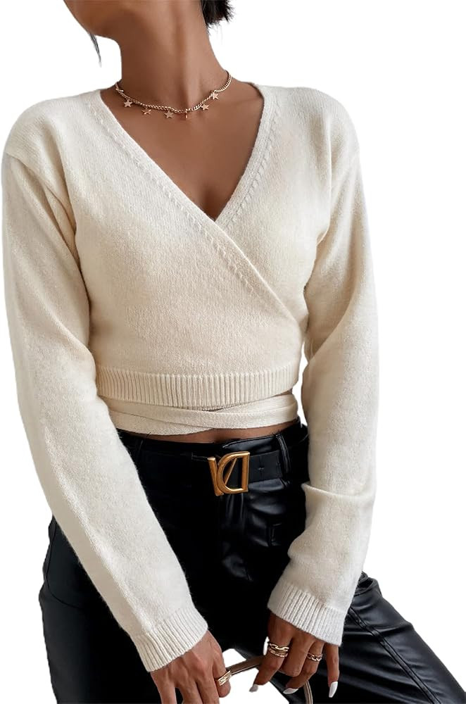 Verdusa Women's Casual Deep V Neck Long Sleeve Cross Wrap Sweater Top | Amazon (US)