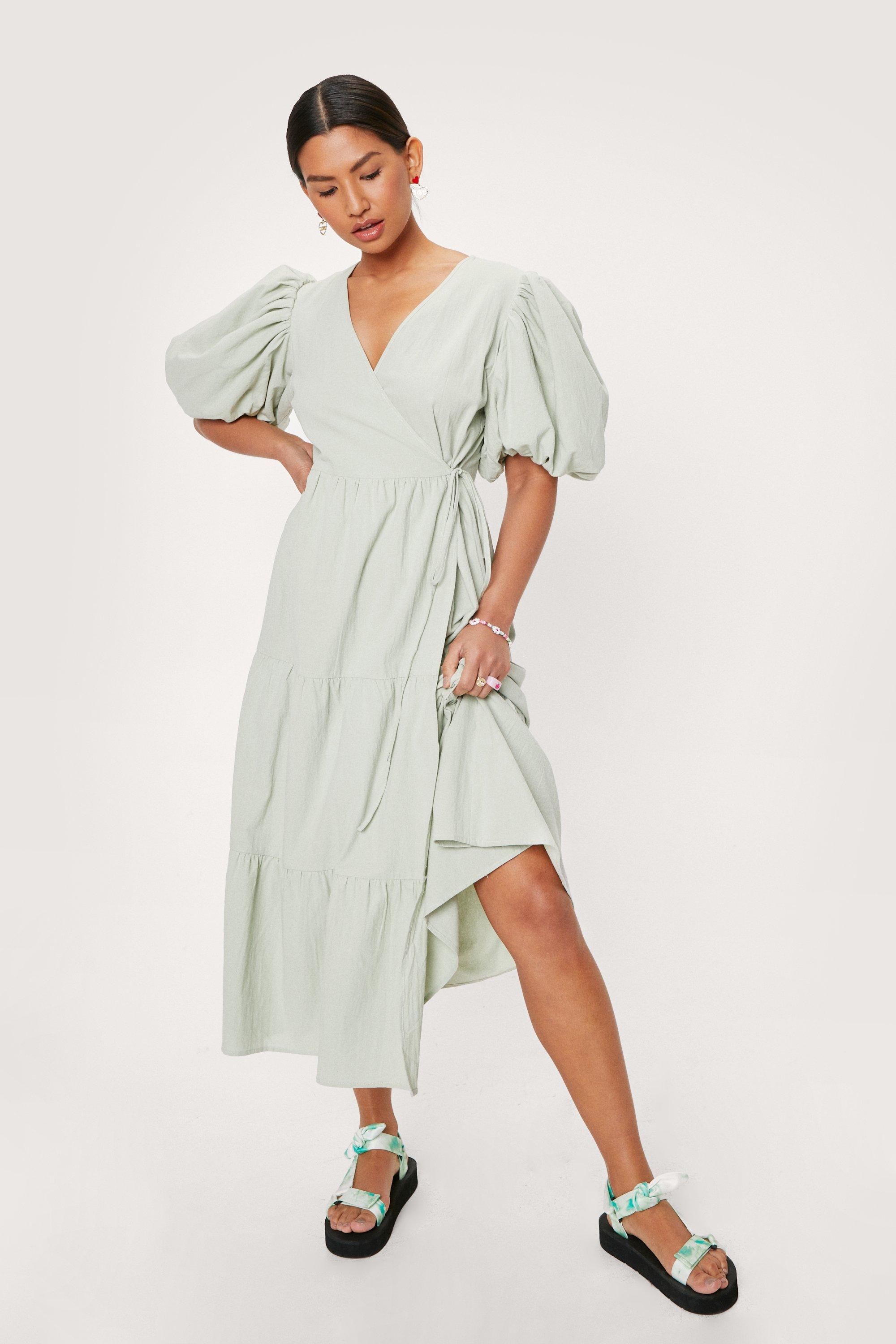 Linen Look Puff Sleeve Wrap Midi Dress | Nasty Gal (US)