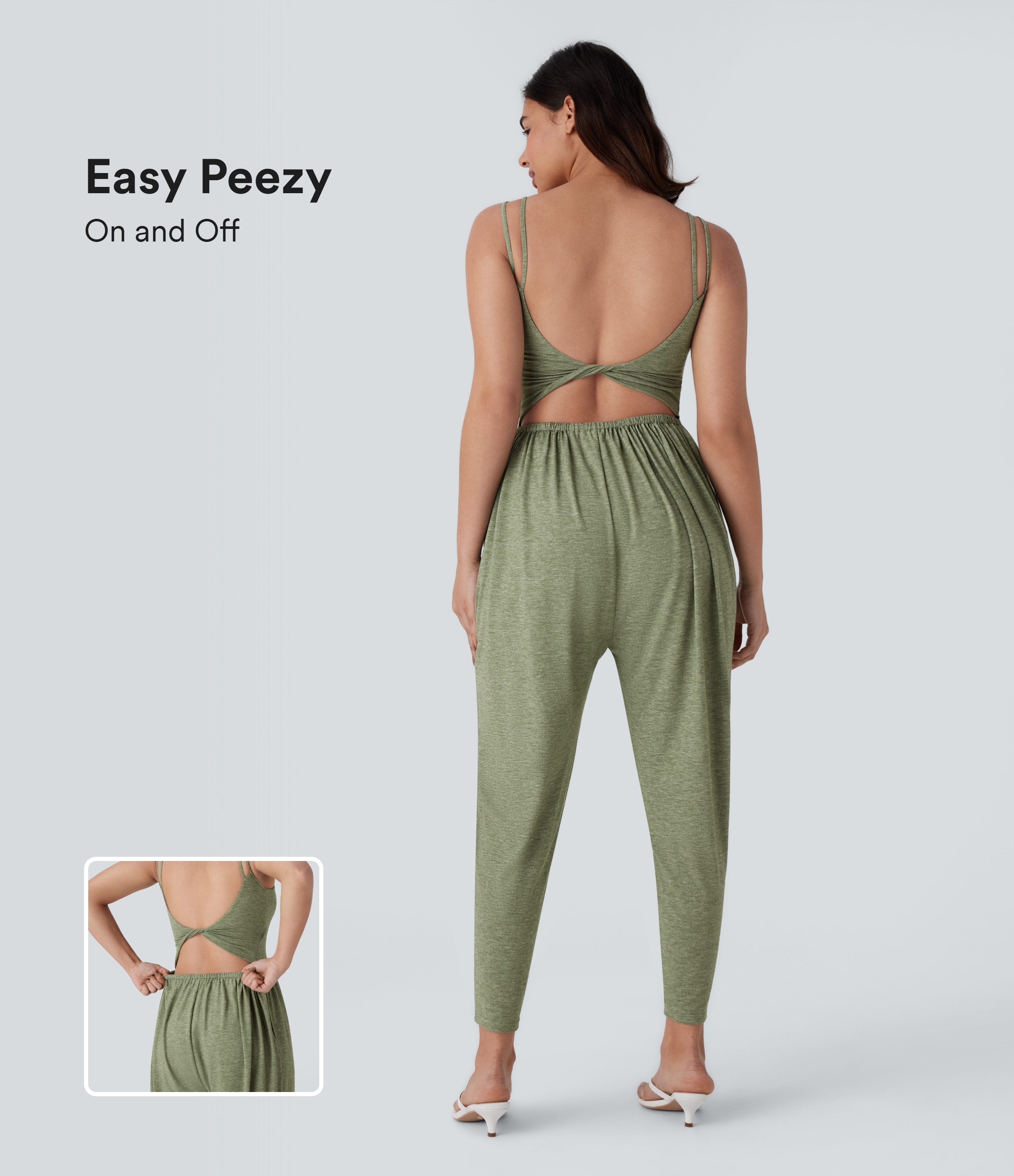Halara Backless Twisted Double Straps Side Pocket Harem Casual Jumpsuit-Easy Peezy - Light Green Floral Yarn - XS(regular) | HALARA