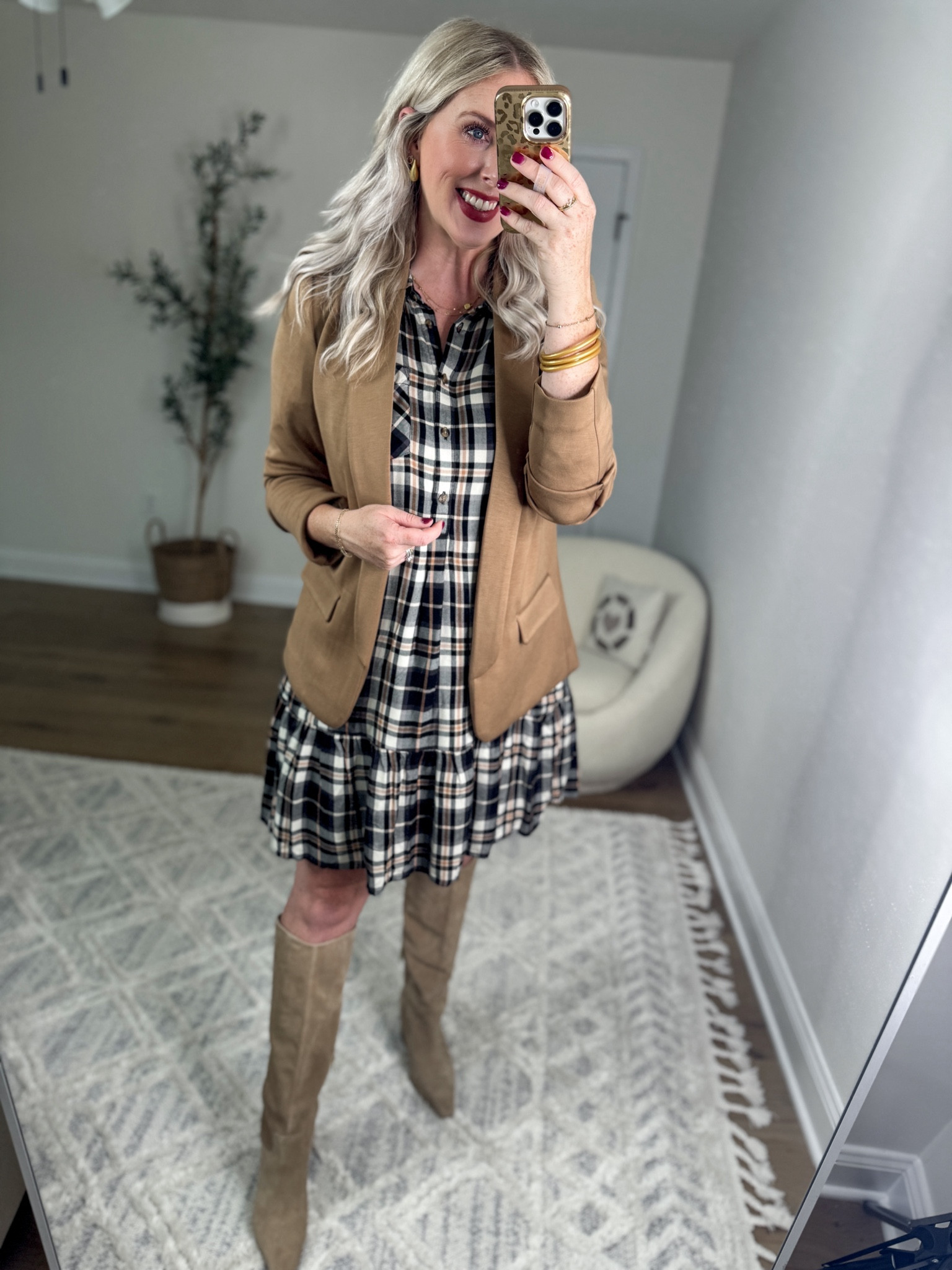 Daily try on, Walmart outfit, Walmart fashion, Walmart try on, time and tru, Walmart dress, plaid dress, scuba blazer, tall boots, teacher dress 

Medium in both! 

#LTKWorkwear #LTKFindsUnder50 #LTKSeasonal