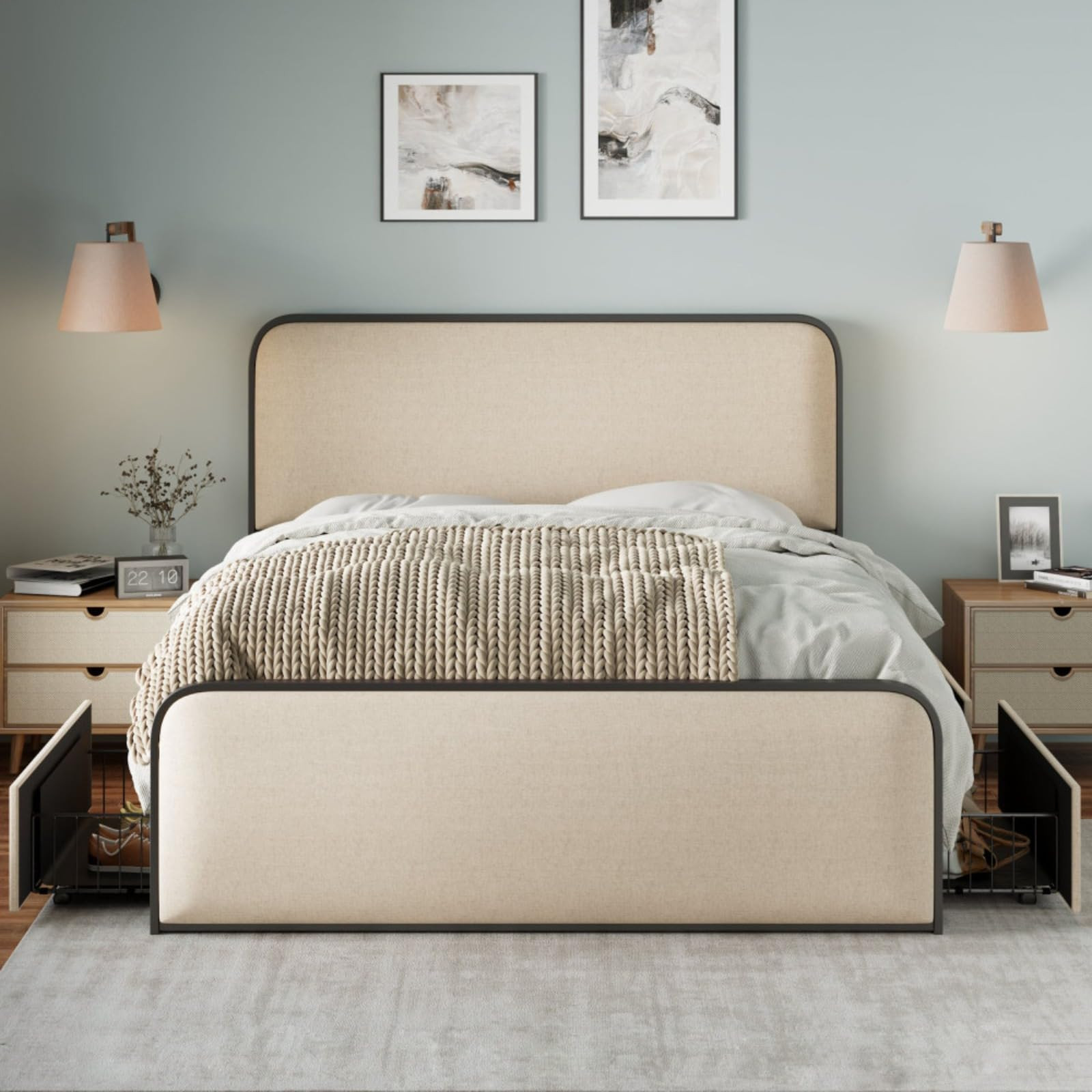 Modern Metal Bed Frame with Curved Upholstered Headboard and Footboard Bed with Under Bed Storage... | Amazon (US)