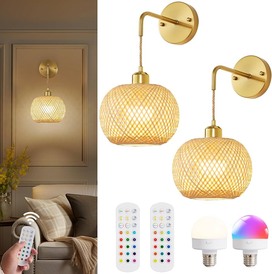 Gold Battery Operated Wall Sconces Set of 2 with Remote, Rechargeable Rattan Battery Powered Wall... | Amazon (US)