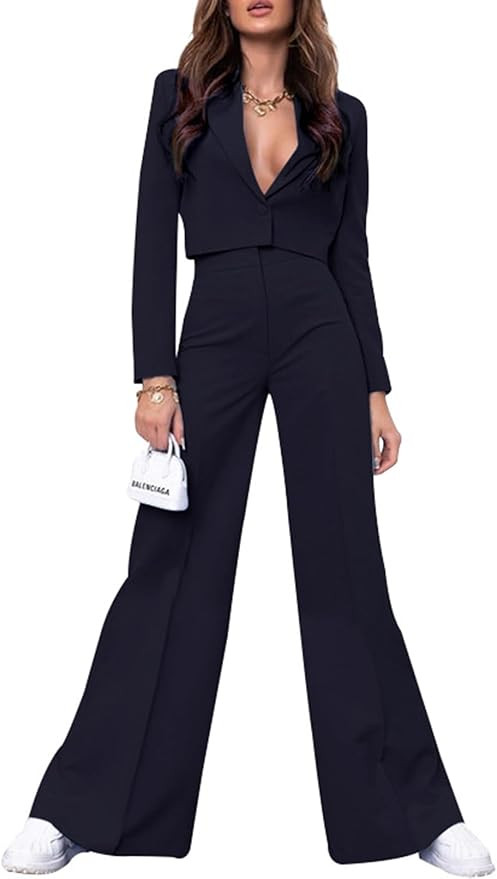 PinkPatty Women's Business Casual Outfits Lightweight Blazer Jacket and Wide Leg Pants Suit Set | Amazon (US)