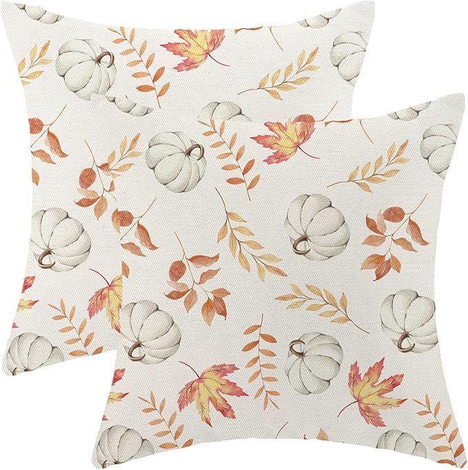 Fall Pillow Covers 18x18 Set of 2 Pumpkin and Maple Leaf Fall Decor Pillowcase Linen Autumn Thank... | Amazon (US)