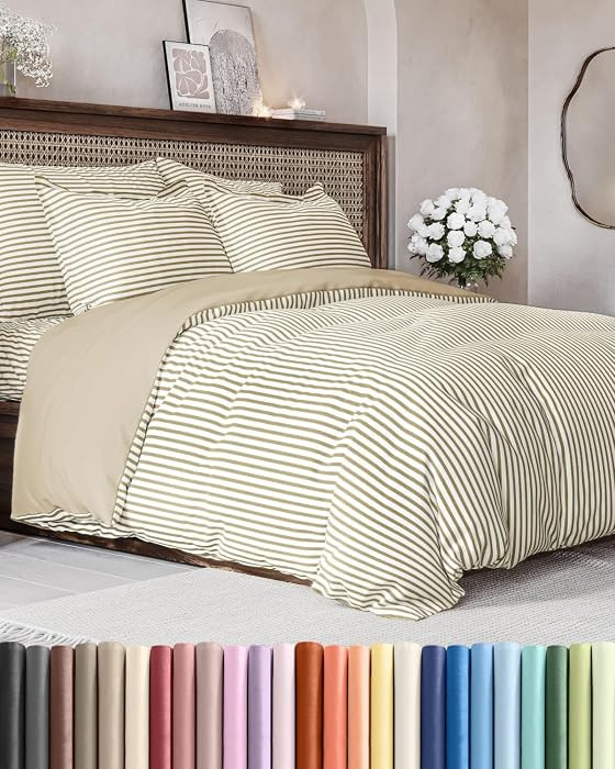 Duvet Cover Super King - 3 Piece with Zipper Closure - Beige Stripes | Amazon (US)