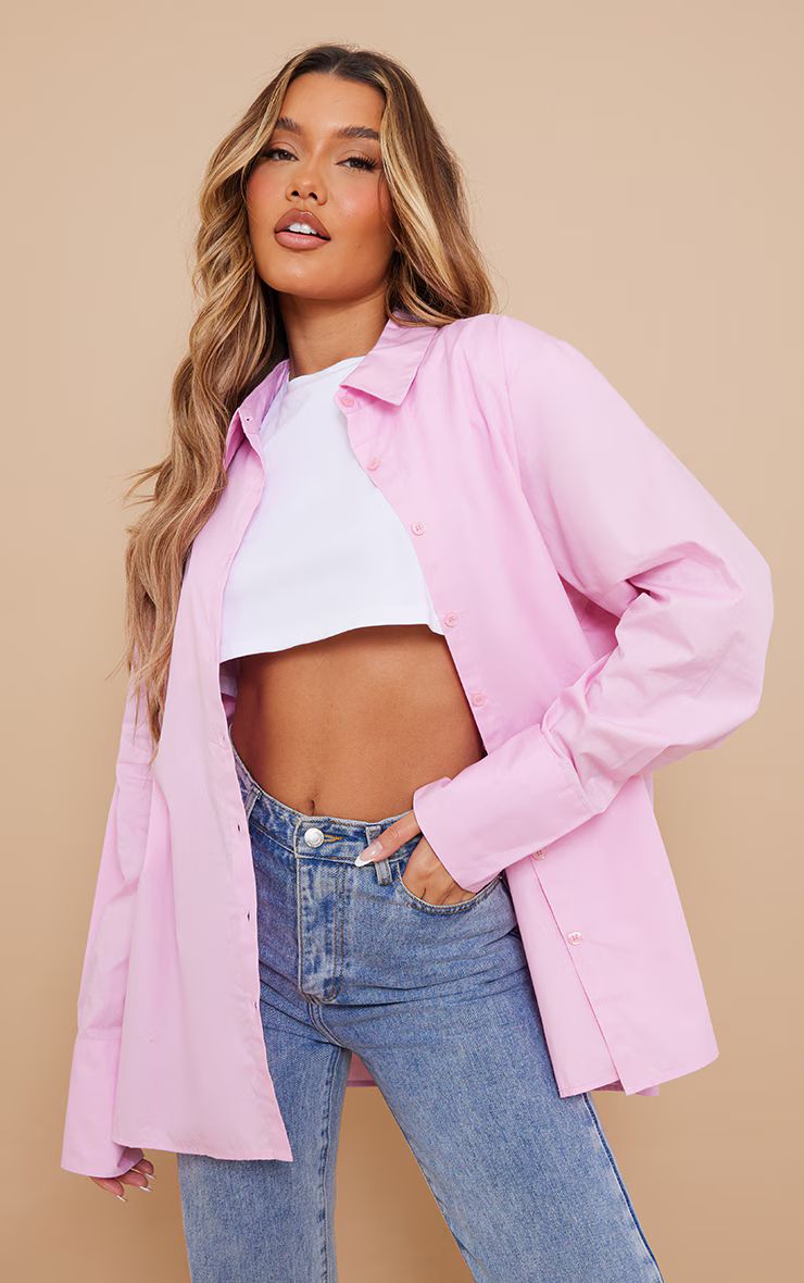 Pale Pink Oversized Cuff Poplin Shirt | PrettyLittleThing US