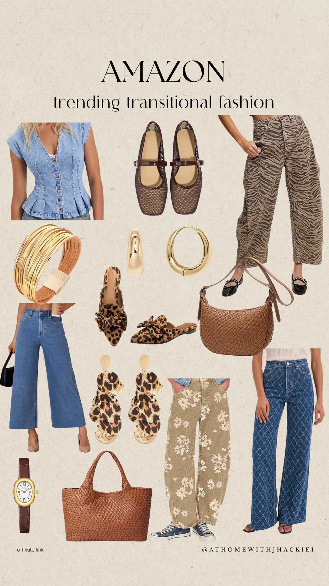 Amazon fashion finds, Amazon women’s fashion, trending Amazon fashion, transitional fashion, summer to fall outfits, fall fashion finds, affordable fall fashion, Amazon fall outfits, trendy women’s clothing, neutral fall fashion, denim fashion trends, wide leg jeans, barrel jeans, printed denim, floral pants, zebra print pants, animal print fashion, leopard print accessories, denim peplum top, mesh Mary Jane flats, Mary Jane shoes, leopard print flats, woven leather handbag, brown woven bag, woven tote bag, statement earrings, leopard print earrings, gold hoop earrings, gold cuff bracelet, minimalist gold jewelry, brown leather watch, fall accessories, trendy Amazon accessories, casual chic outfits, elevated everyday style, affordable women’s style, fall wardrobe essentials, transitional wardrobe staples, Amazon outfit inspiration, fall 2026 fashion trends, trending fall outfits, women’s fall style, Amazon fashion must haves, viral Amazon fashion finds, chic fall accessories, everyday fall outfits

#LTKgrwm #LTKootd #LTKSeasonal