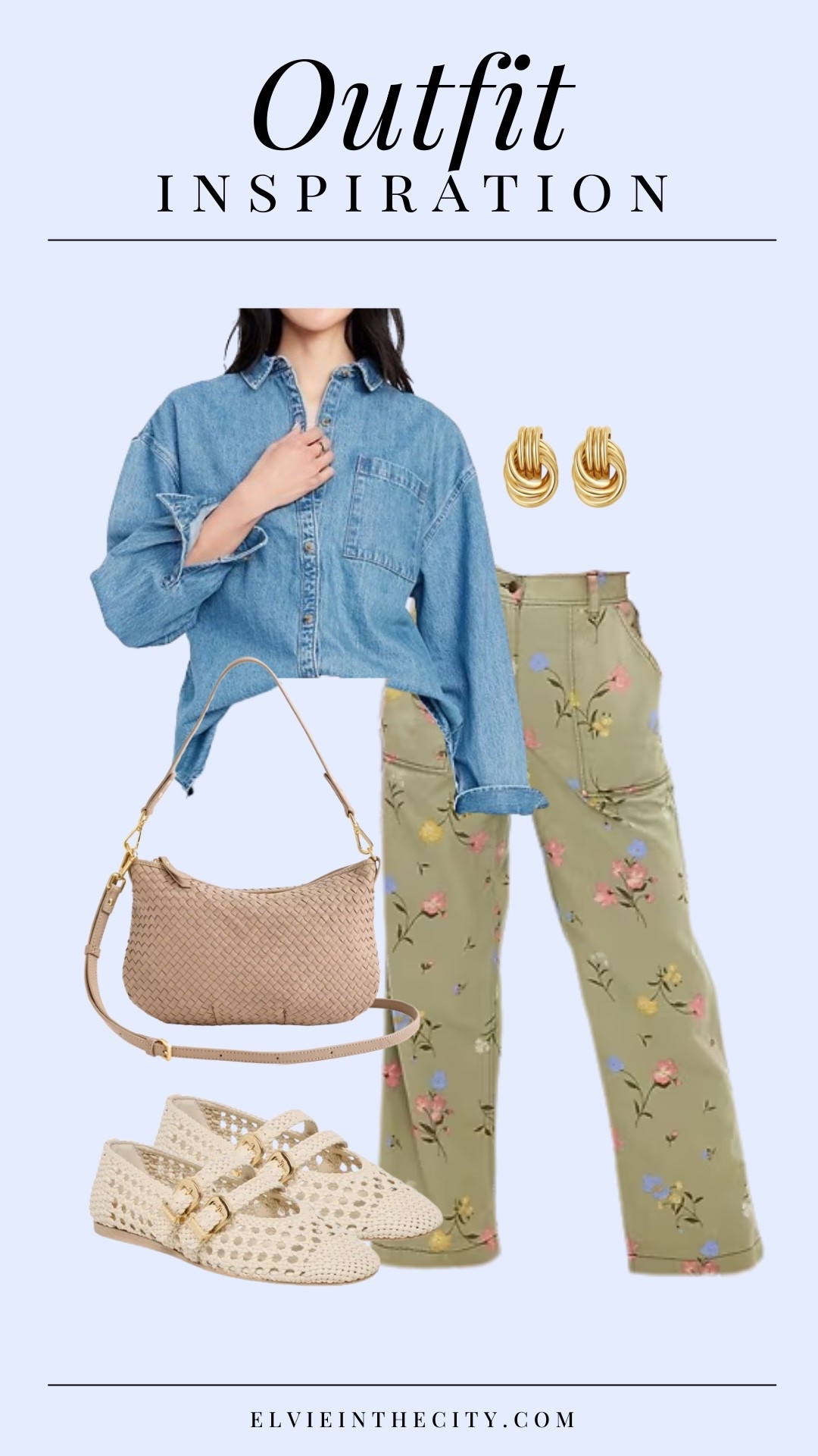 This outfit inspiration includes button up denim blouse, high-waisted floral straight ankle pants, a cross weave leather purse, woven Mary Jane flats, and gold earrings.

Spring outfit, outfit inspiration, ootd, fashion over 40, over 50 style, affordable fashion

#LTKootd #LTKgrwm #LTKOver40