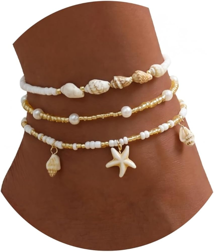 Qceasiy Shell Ankle Bracelet Set for Women, Gold Plated Boho Bead Adjustable Anklet, Hawaiian Bea... | Amazon (US)