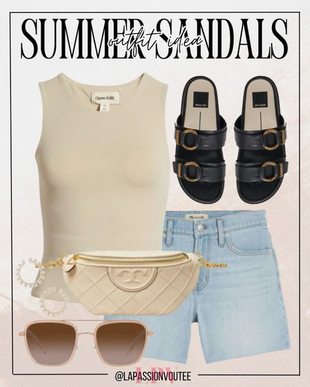 Stay cool in summer vibes with jean shorts paired with a comfy crewneck tank top. Add a touch of glam with hoop earrings and complete the look with a quilted leather belt bag. Elevate your style with platform sandals for a perfect blend of comfort and fashion in the summer sun.

#LTKStyleTip #LTKSeasonal