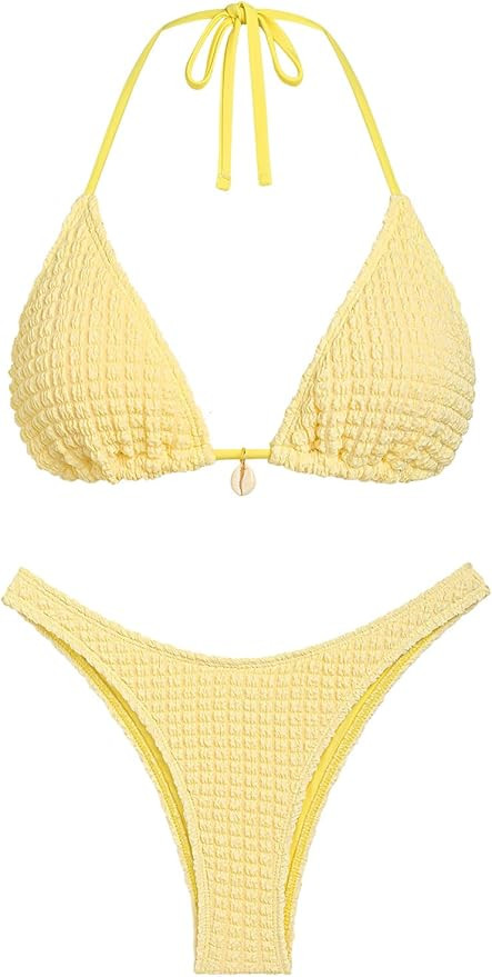 seamoly Women‘s Bikini Sets Two Piece Swimsuit Textured Halter Triangle Thong Bikini Set | Amazon (US)