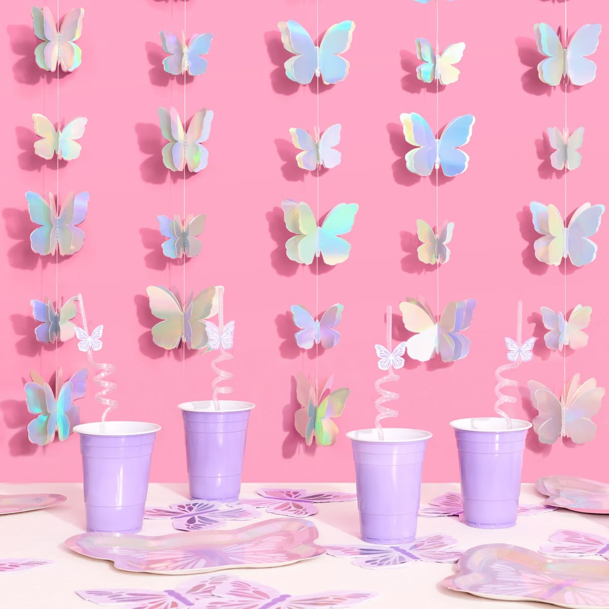 xo, Fetti 3D Iridescent Butterfly Hanging Garland - 4 pcs, 12' | Bachelorette Party Decorations, ... | Amazon (US)