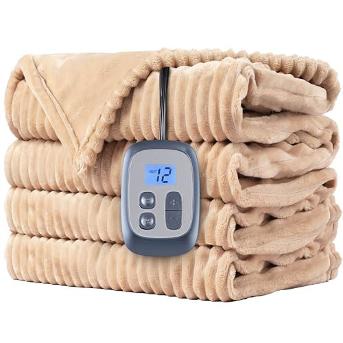 Electric Heated Blanket 72"x 84", Warming Blanket Striped Flannel with 1-10 Optional Heating Levels & 1-12 Hours Auto Off, Ultra Soft and Thick Washable Blanket with Fast Heating - Light Brown | Amazon (US)