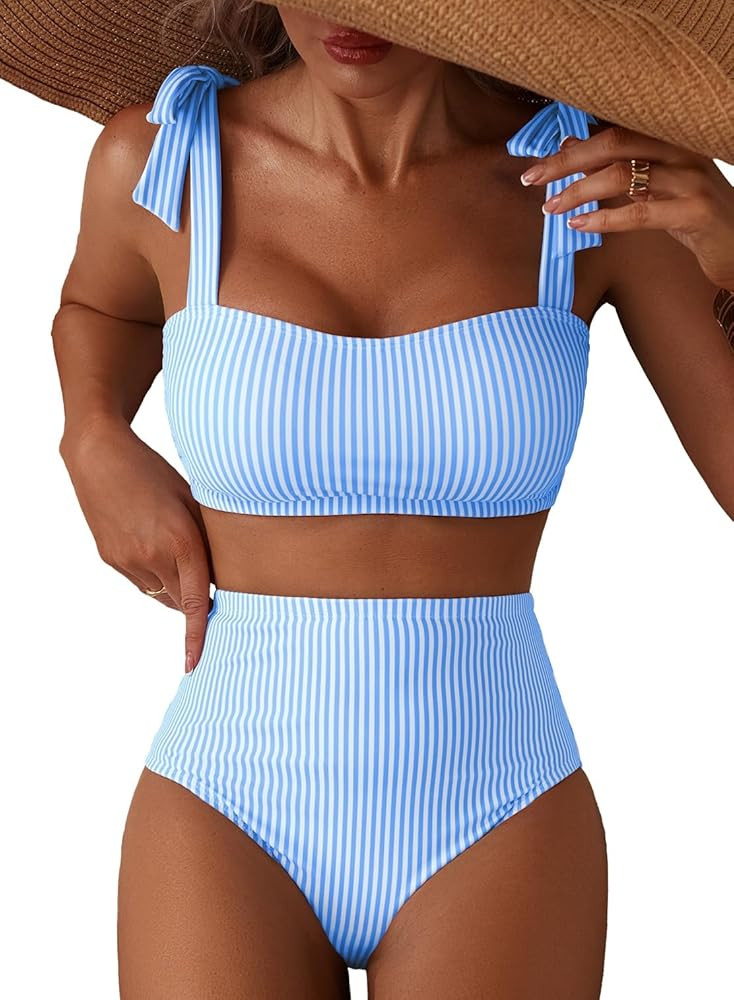 Herseas Women's Tie Shoulder Bikini Sets 2 Piece Striped Swimsuits High Waisted Bathing Suits | Amazon (US)