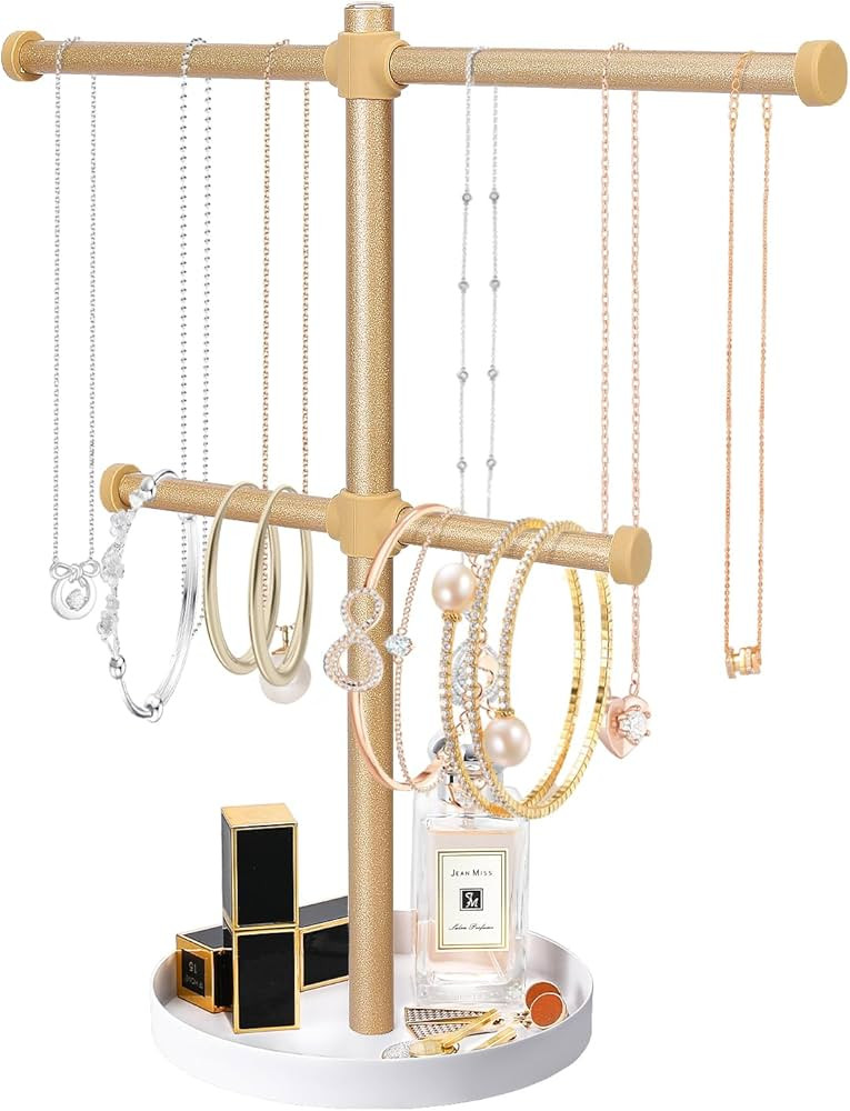 2 Tier Gold Jewelry Display Holder, Necklace and Bracelet Hanging Organizer, Metal Tower Stand fo... | Amazon (US)