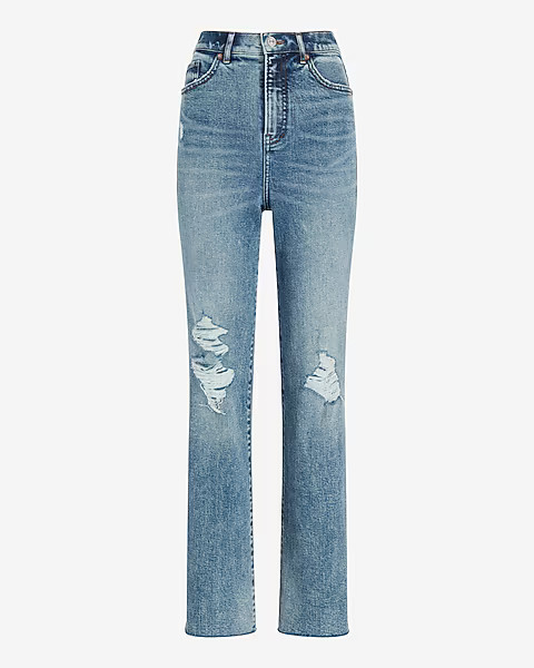 Super High Waisted Medium Wash Ripped Modern Straight Jeans | Express