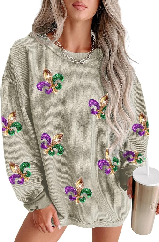 MARZXIN Women 2025 Holiday Casual Mardi Gras Sweatshirts Long Sleeve Sequin Sweatshirt Fashion Gl... | Amazon (US)