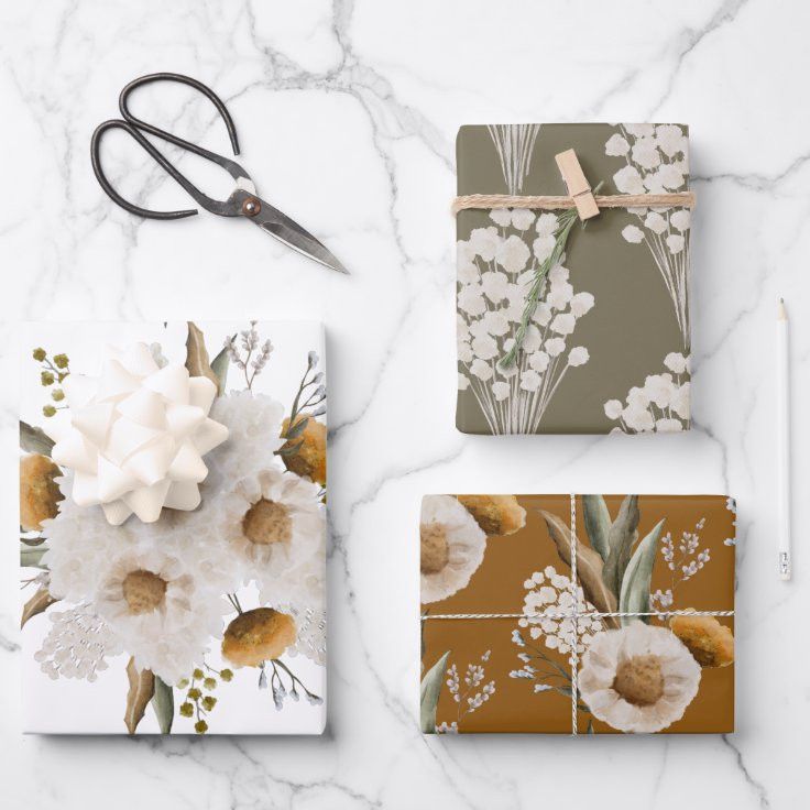 Fall Floral Wrapping Paper Flat Sheet Set of 3 | Zazzle | Zazzle