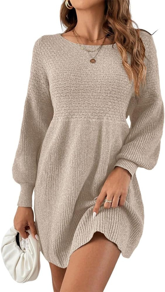 Saodimallsu Womens Crew Neck Mini Sweater Dress Lantern Sleeve High Waisted Rib Knit Dresses Cozy... | Amazon (US)