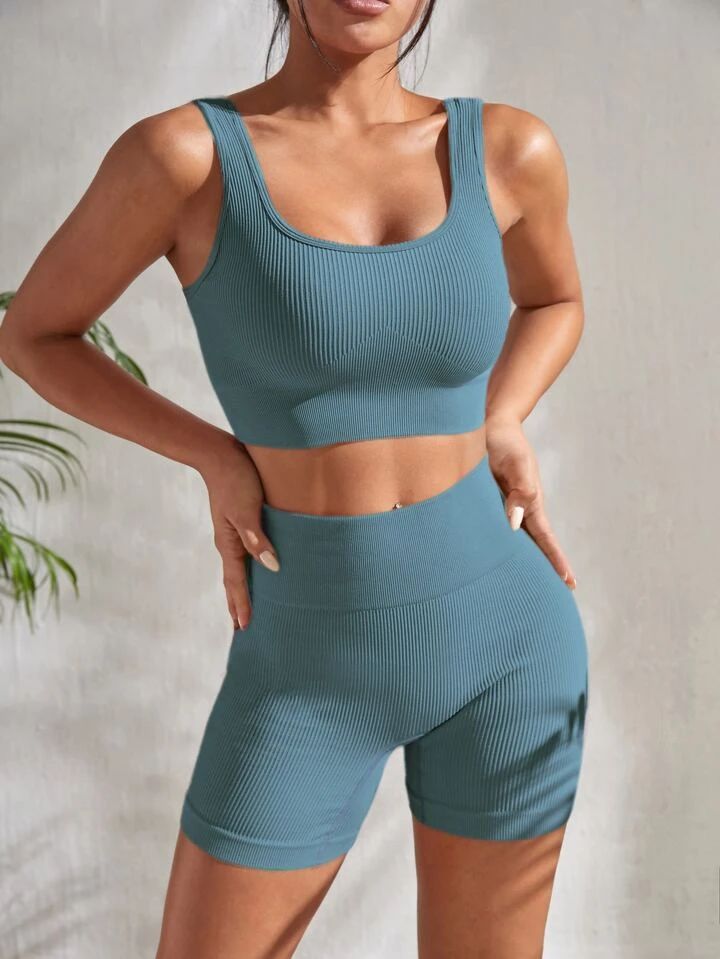 Yoga Basic 2pcs Seamless Yoga Set Sports Suit Ribbed Knit Tank Wide Waistband Tummy Control Short... | SHEIN