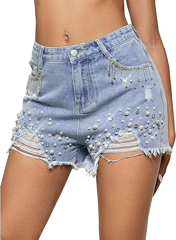 LifeShe Women Denim Short Rhinestone Tassel Jean Short Pearl Beaded Frayed Raw Hem Jean Shorts | Amazon (US)