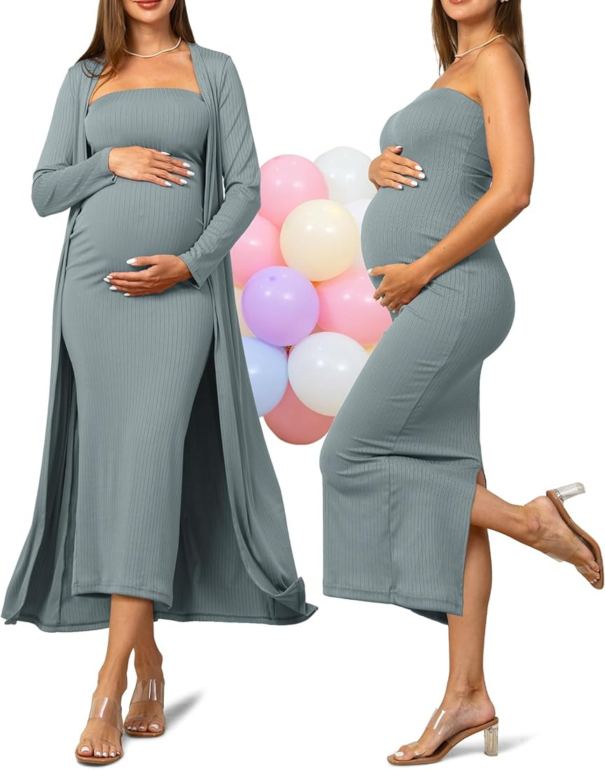Rnxrbb 2 Piece Maternity Dress Cardigan Baby Shower Wedding Guest Summer Gender Reveal Photoshoot... | Amazon (US)