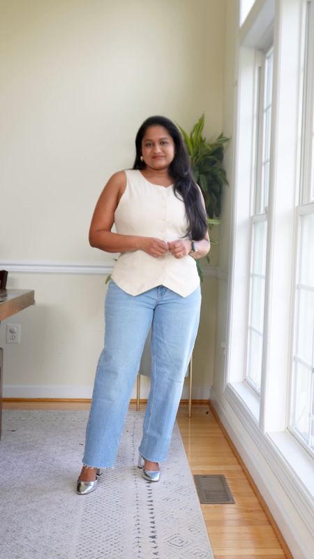 Giving the classic white shirt and denim an elevated look with this white linen vest 
@target Vest in size M 
@abercrombie Curve Love Ultra High Rise 90s Straight Jean
Color: Medium with Raw Hem 
Size- 30 short 
@jcrewfactory silver heels 
@amazonfashion hoops 

#LTKmidsize #LTKfindsunder50 

#LTKStyleTip #LTKVideo #LTKMidsize