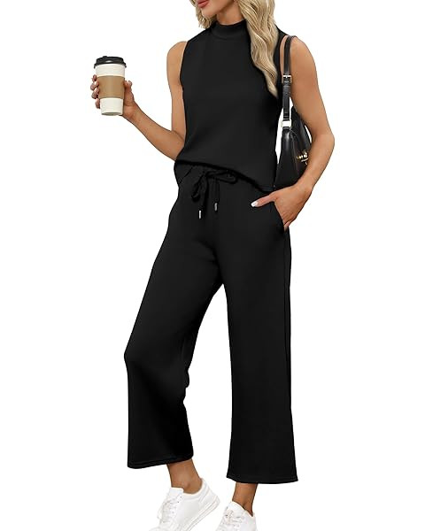 Amazon.com: Lepunuo Two Piece Sets for Women Summer Mock Neck Sleeveless Top Crop Wide Leg Pants ... | Amazon (US)