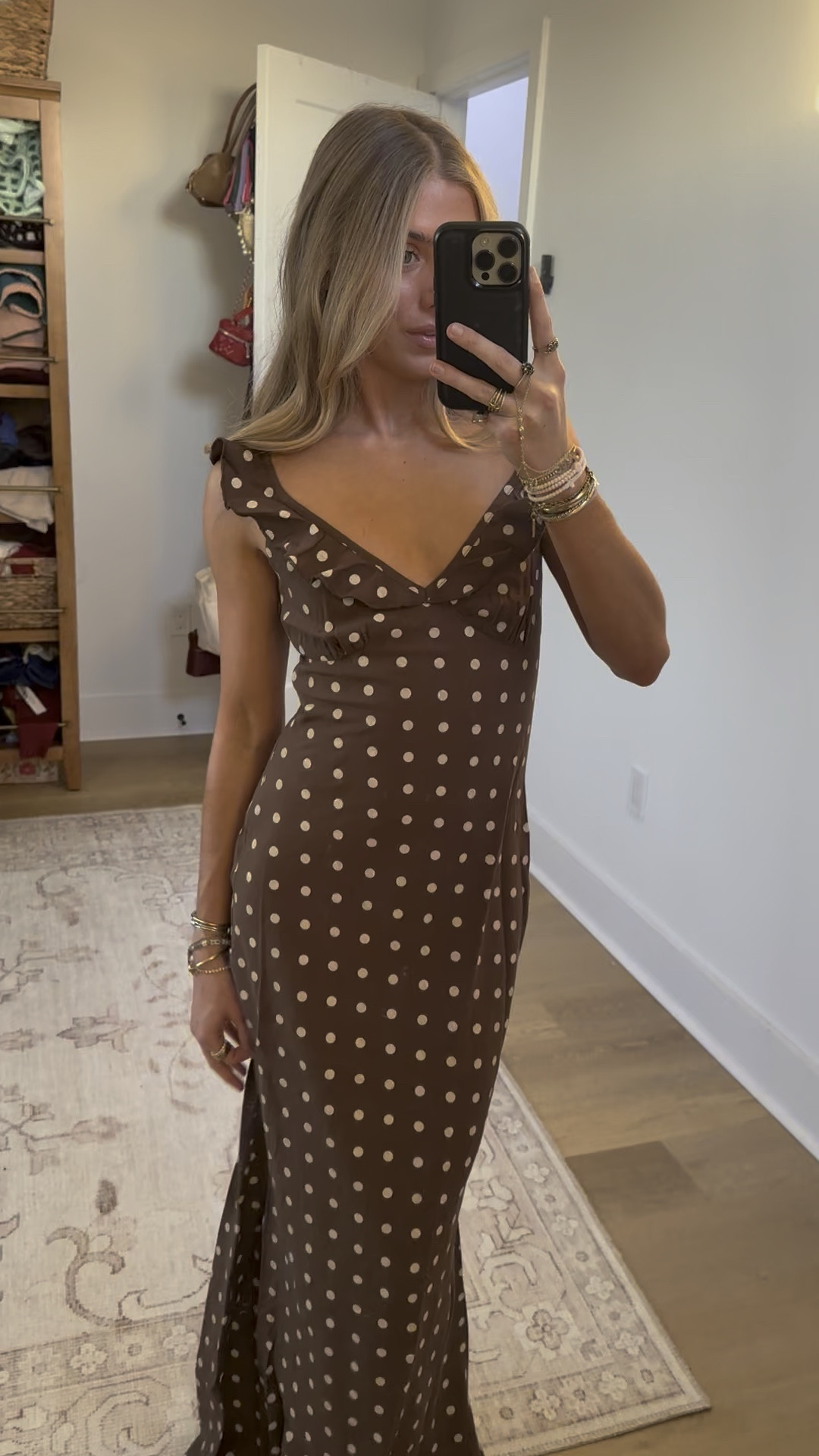 Size is 2. With soft ruffle sleeves, a flattering cinched waist and a flowing maxi hem that swishes with every step, this brown polka dot beauty nails that easy, dressed-up vibe. Think chic feminine energy, perfect for garden parties, date nights or dance floors.
Meet Isla Maxi Dress - Ruffle Sleeve Polka Dot Dress In Chocolate Polka Dot, your go-to when you want main-character moments. The polka print pops, the silhouette elongates, and the movement feels luxe, channelling flow maxis glamour Style it with delicate hoops and strappy heels to keep the spotlight firmly on you.

#LTKSaleAlert #LTKootd #LTKWedding