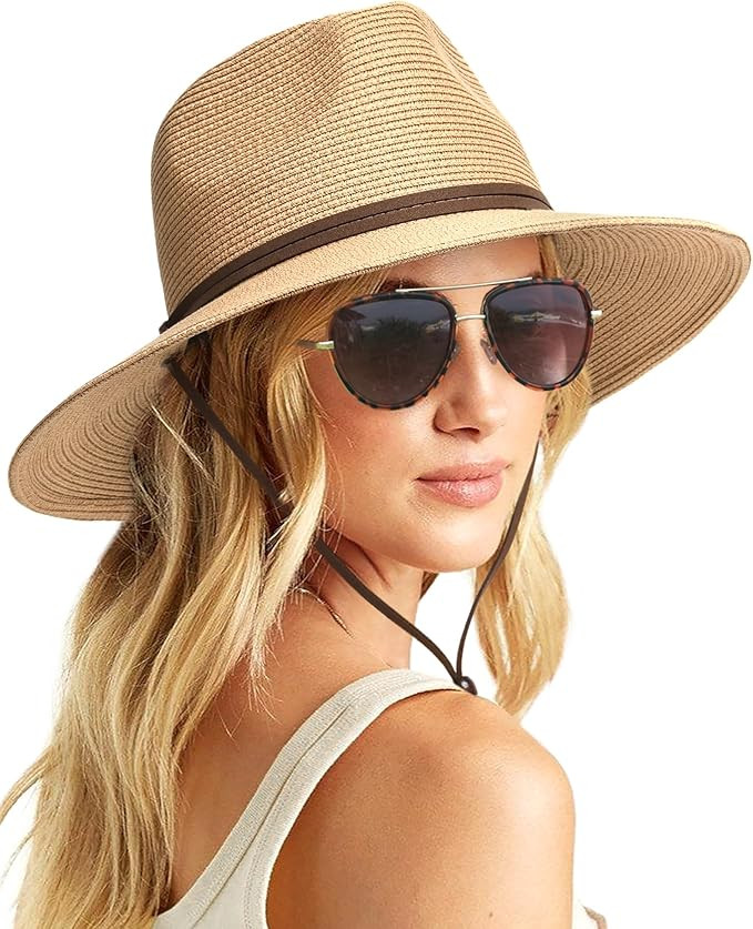 FURTALK Womens Summer Straw Sun Hats Wide Brim Panama Fedora Beach Hat with Wind Lanyard UPF 50+ | Amazon (US)