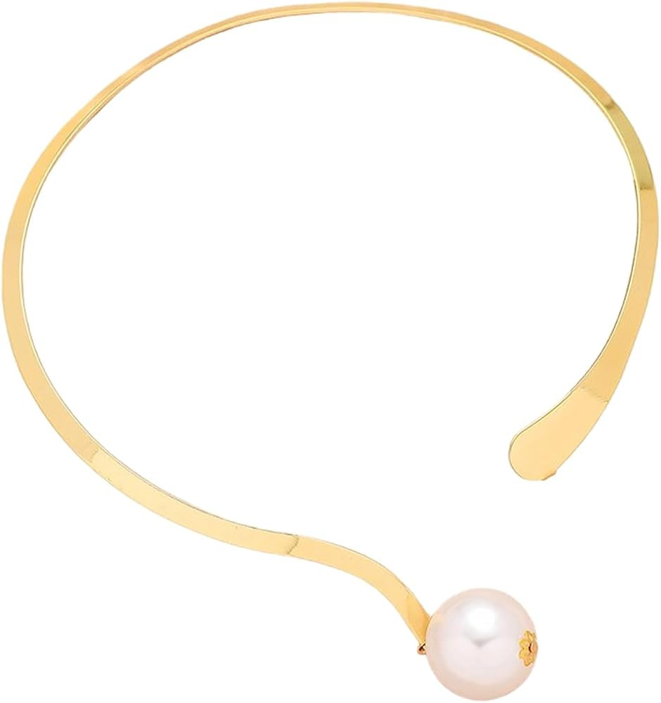 Simple Water-Wave Pearl Necklace For Women Charming Big Metal Geometric Statement Collar Necklace... | Amazon (US)