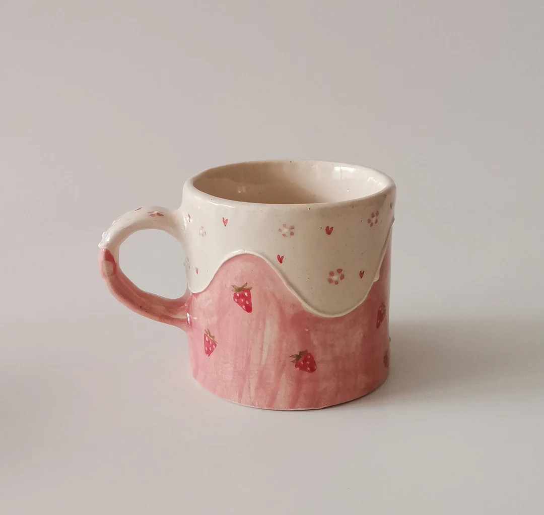 Handmade Ceramic Strawberry Shortcake Cup: Pink Bliss With Tiny Floral Charm Adorable and Unique ... | Etsy (US)