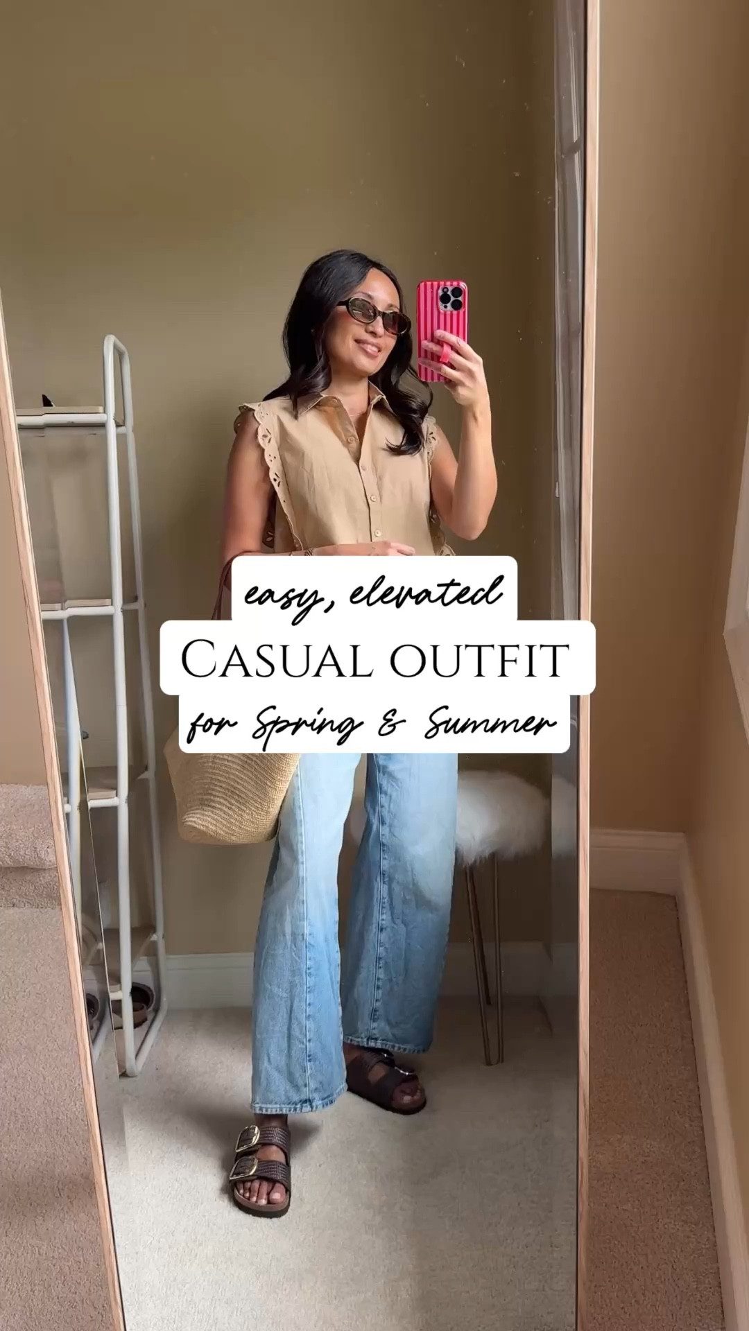 Spring outfits 2026. 
Easy, elevated casual outfit for Spring & Summer: cotton top, jeans, slide sandals, tote bag. 
- Exact top is eye-catching with the cut and detailing. Unique style to add to your wardrobe if you like cotton button up tops. Could dress up with tailored pants. Currently on sale 40% off; around $36.
- Barrel jeans in a light wash  
- Slide sandals elevate basic outfits with a beautiful raffia texture and gold buckles. They go with everything. 
- Woven tote bag is a classic for warmer months. 
- Sunglasses look chic and are good quality. 

#LTKOver40