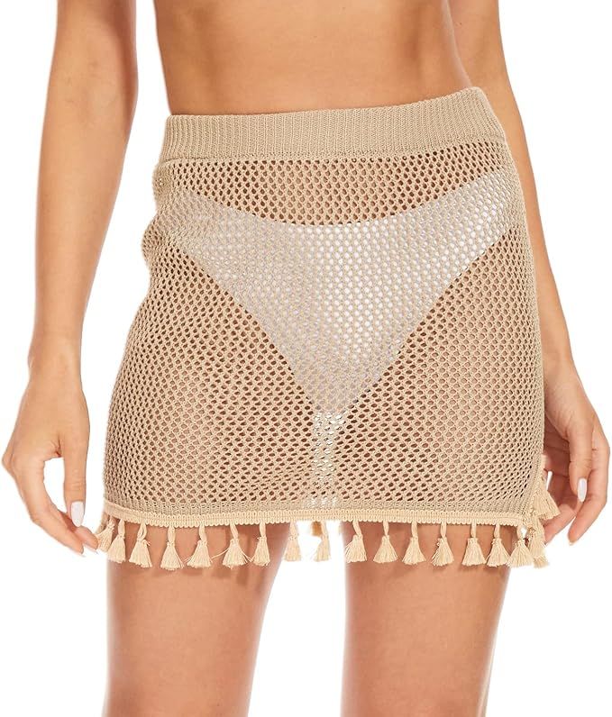 JASGOOD Women's Crochet Cover Up Skirt Knit Mini Beach Cover Up for Swimsuit | Amazon (US)