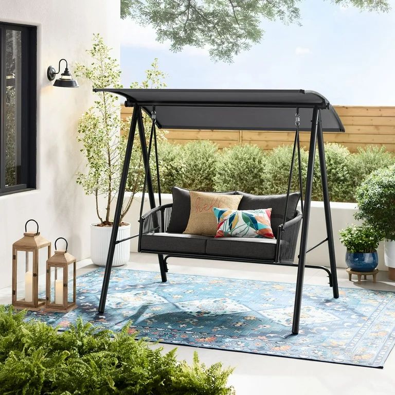 Mainstays Lawson Ridge 2-Seat Steel Outdoor Freestanding Porch Swing with Canopy and Cushions, Bl... | Walmart (US)