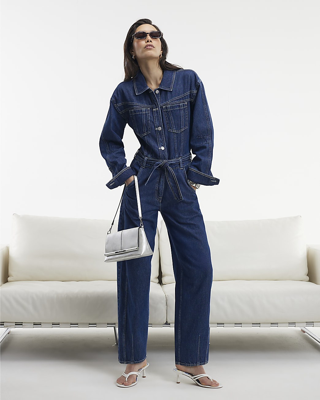 Blue Premium Belted Barrel Leg Denim Jumpsuit | River Island UK & IE
