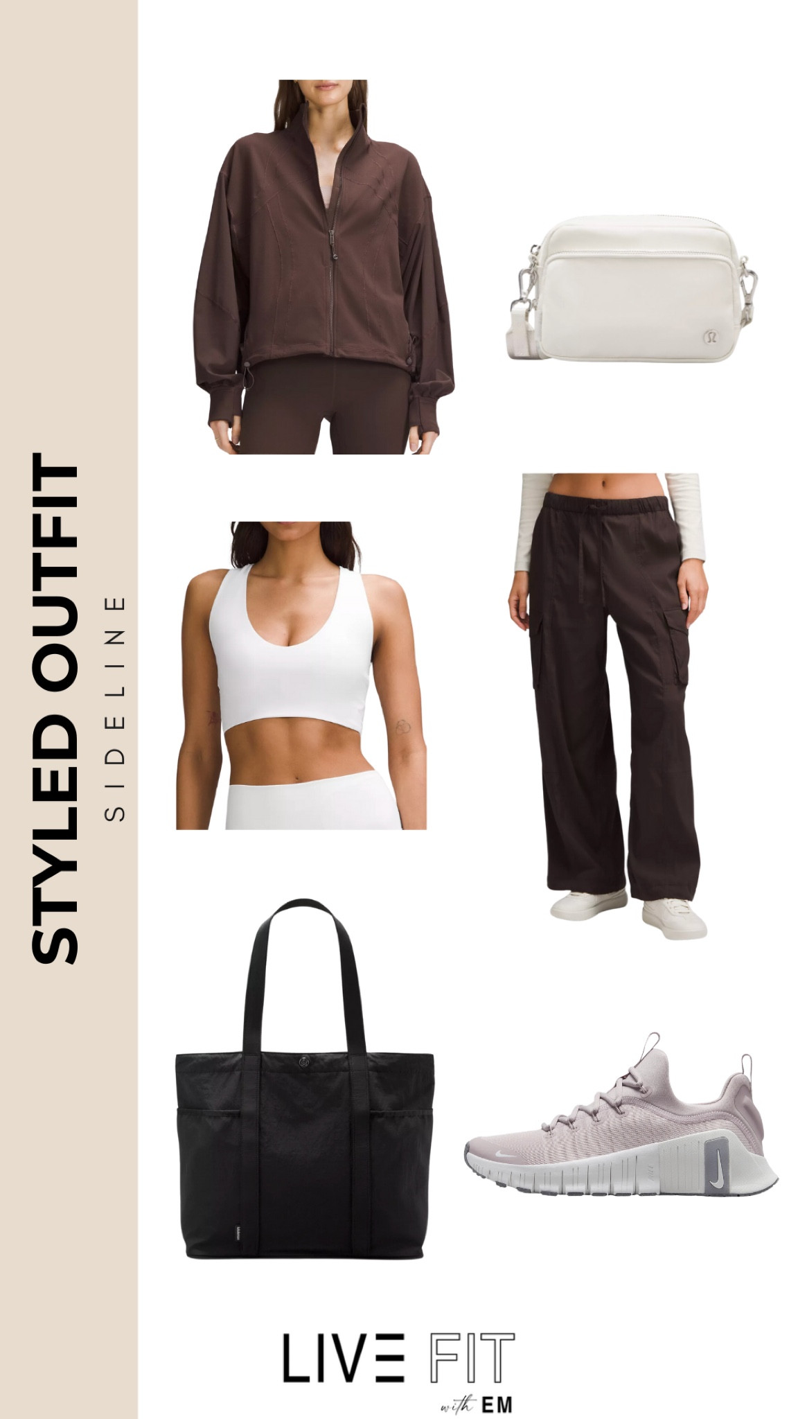 This styled outfit from Lululemon is a true blend of function and fashion, perfect for those who want a sleek and versatile look. The brown zip-up jacket offers a breathable fit ideal for pre and post workouts, while the matching brown pants provide a relaxed feel without sacrificing style. Paired with a crisp white sports bra for a touch of contrast, this outfit keeps you comfortable and stylish. Accessories like the white shoulder bag and black tote enhance the practicality, offering ample space for gym essentials. Finish with soft grey sneakers for the ultimate comfort as you move through your day or your workout session. Perfect for the gym enthusiast with a busy schedule! #LululemonStyle #AthleisureChic #FitnessFashion #nike #metcons

#LTKActive #LTKSeasonal #LTKFitness