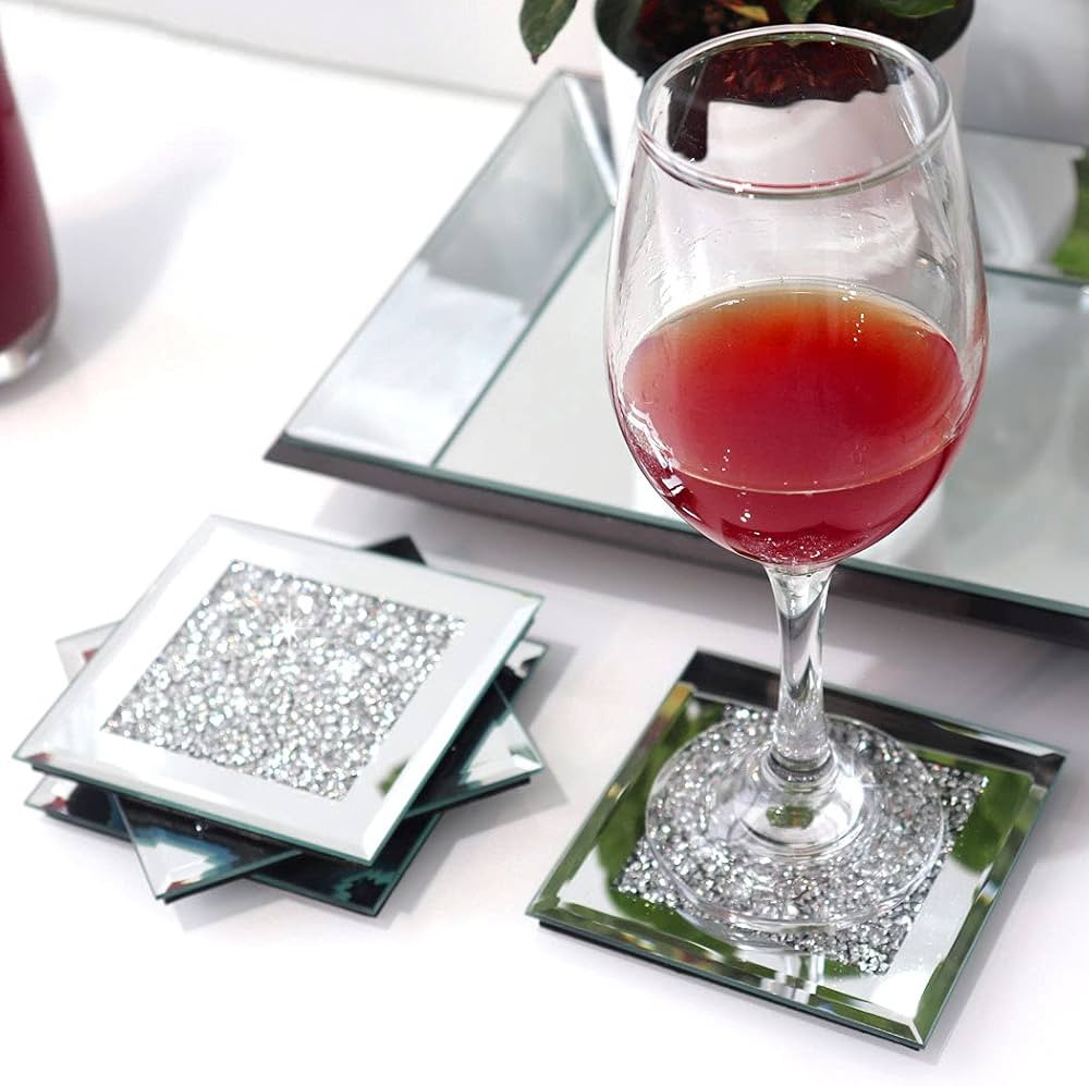 GIMORRTO Glass Mirrored Coaster 4 PC, Crushed Diamond Square Cup Mat 4" Decor on Tabletop for Bar... | Amazon (US)