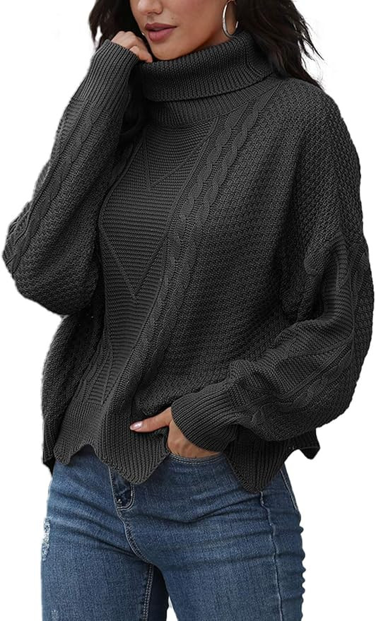Sehcahe Womens Casual Short Batwing Sleeve Cable Knit Turtleneck Pullover Sweater Tops | Amazon (US)