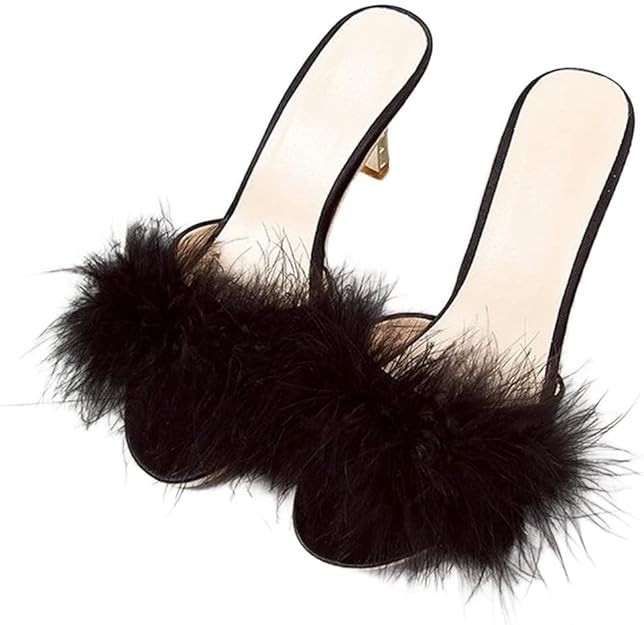 YIBLBOX Women's Round Toe Sandal Fluffy Feather Sexy Slippers Kitten Heeled Slippers | Amazon (US)