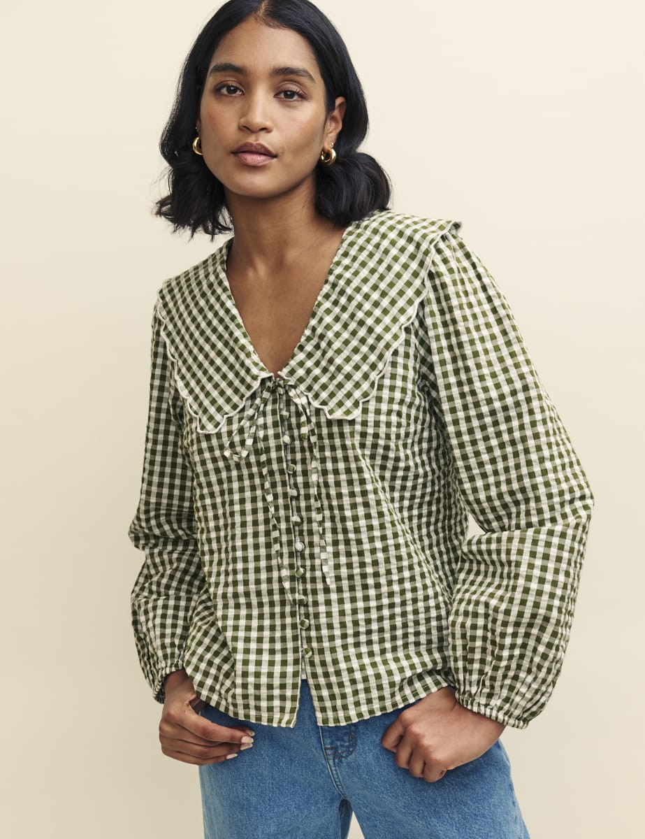 Green Gingham Peter Pan Collar Long Sleeve Blouse | Nobody's Child